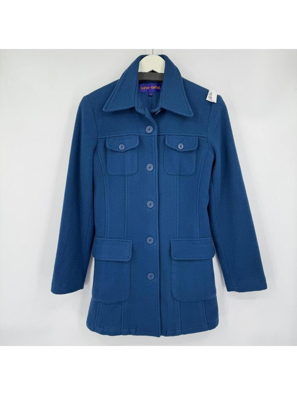 Women's Saint Saens Teal Herringbone Textured Wool Blend Coat Small